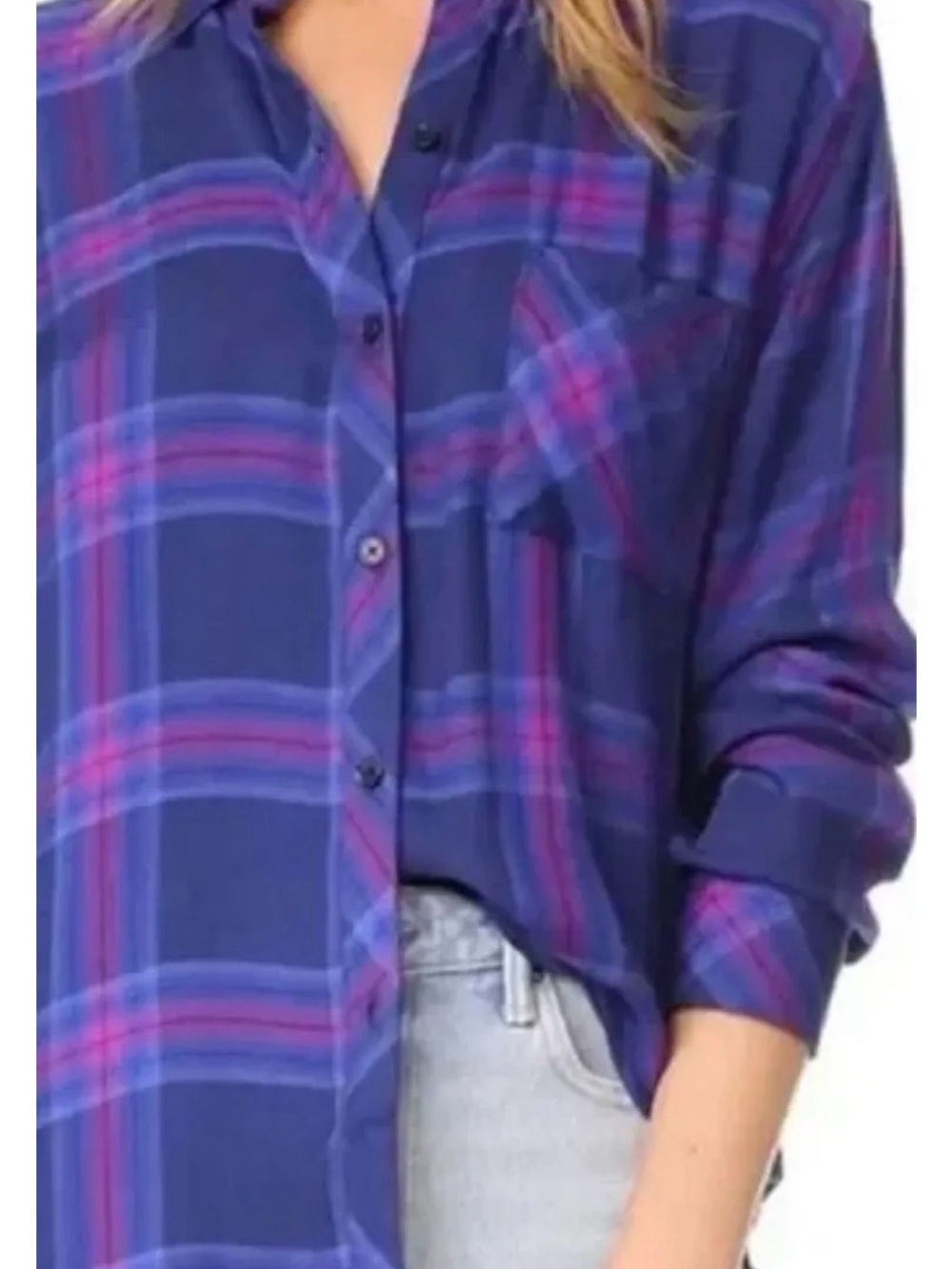 Rails Navy Blue and Pink Plaid Button-Down Shirt
